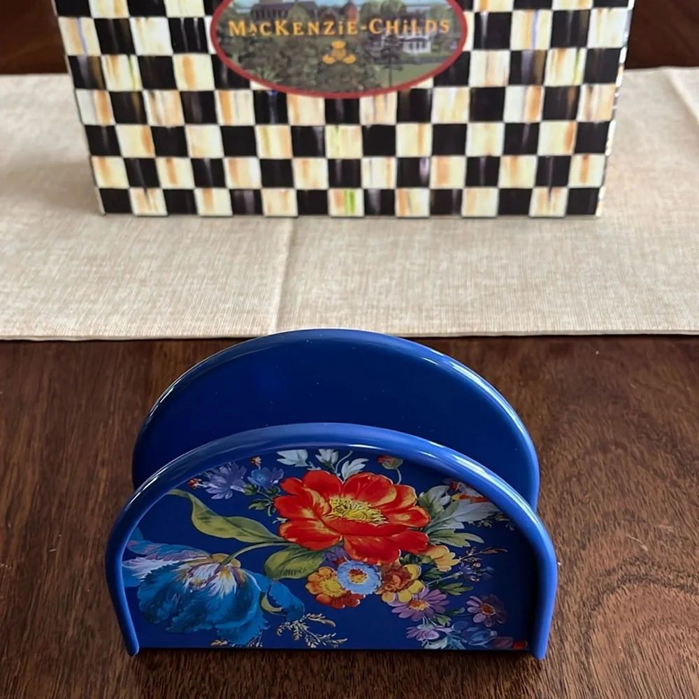 NWT Mackenzie Childs Blue Flower Market napkin holder and Courtly check napkins